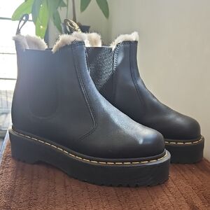 Dr. Martens Black Leather Chelsea Platform Booties with Cream Fur Trim
